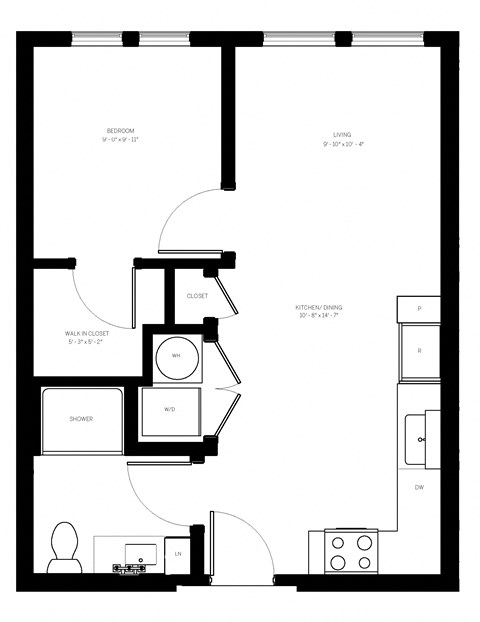 Floor plan for 1 bed, 1 bath, 517 sqft